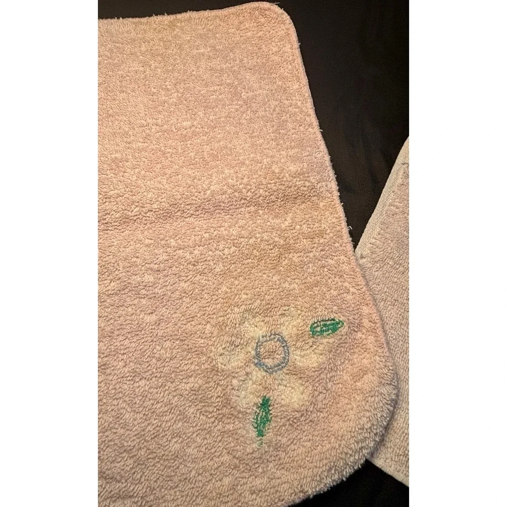 Vintage Martex Embroidered Floral Pink Terry 2pc Hand Towel & Washcloth 70's